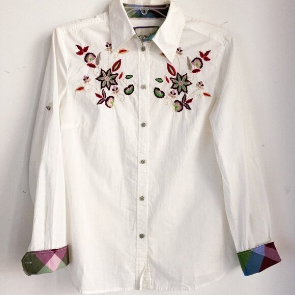 ESPIRIT White Cotton Floral Embroidered  Long Sleeve Shirt M/10 - Picture 3 of 8